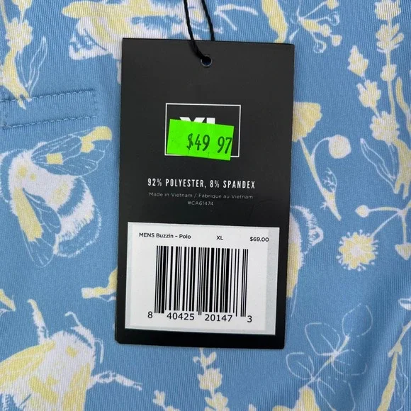 Waggle Buzzin Polo Shirt Men XL Blue Yellow Bee Floral Print Performance Stretch - Picture 6 of 9